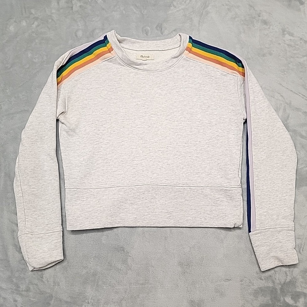 Madewell Sweatshirt  Women XS Heather Grey Rainbow Stripe Crop Pullover Crewneck